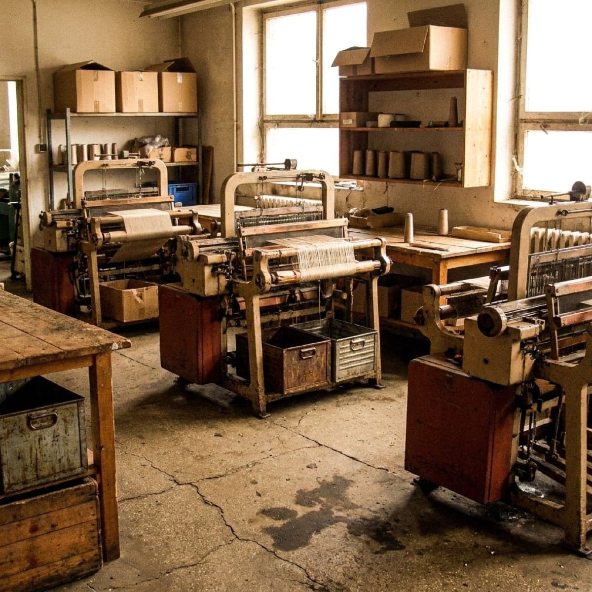 Early Hemao workshop interior — wooden looms, large windows, natural light