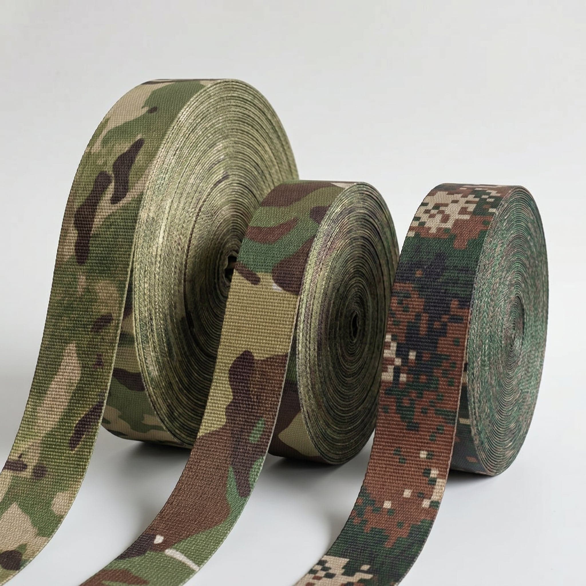 Stacked nylon webbing rolls in matte black, olive, and tan